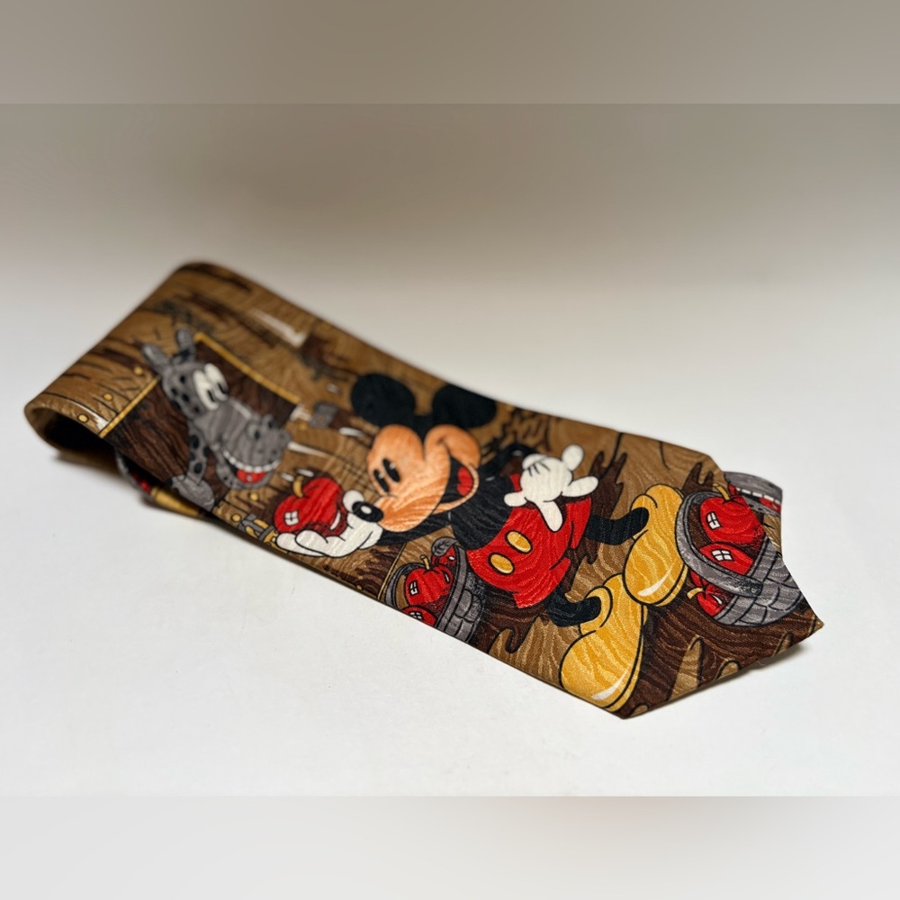 🏷 Disney | Vintage Mickey Mouse Feeding Apples to Horses/Mules Tie - Brown/Red